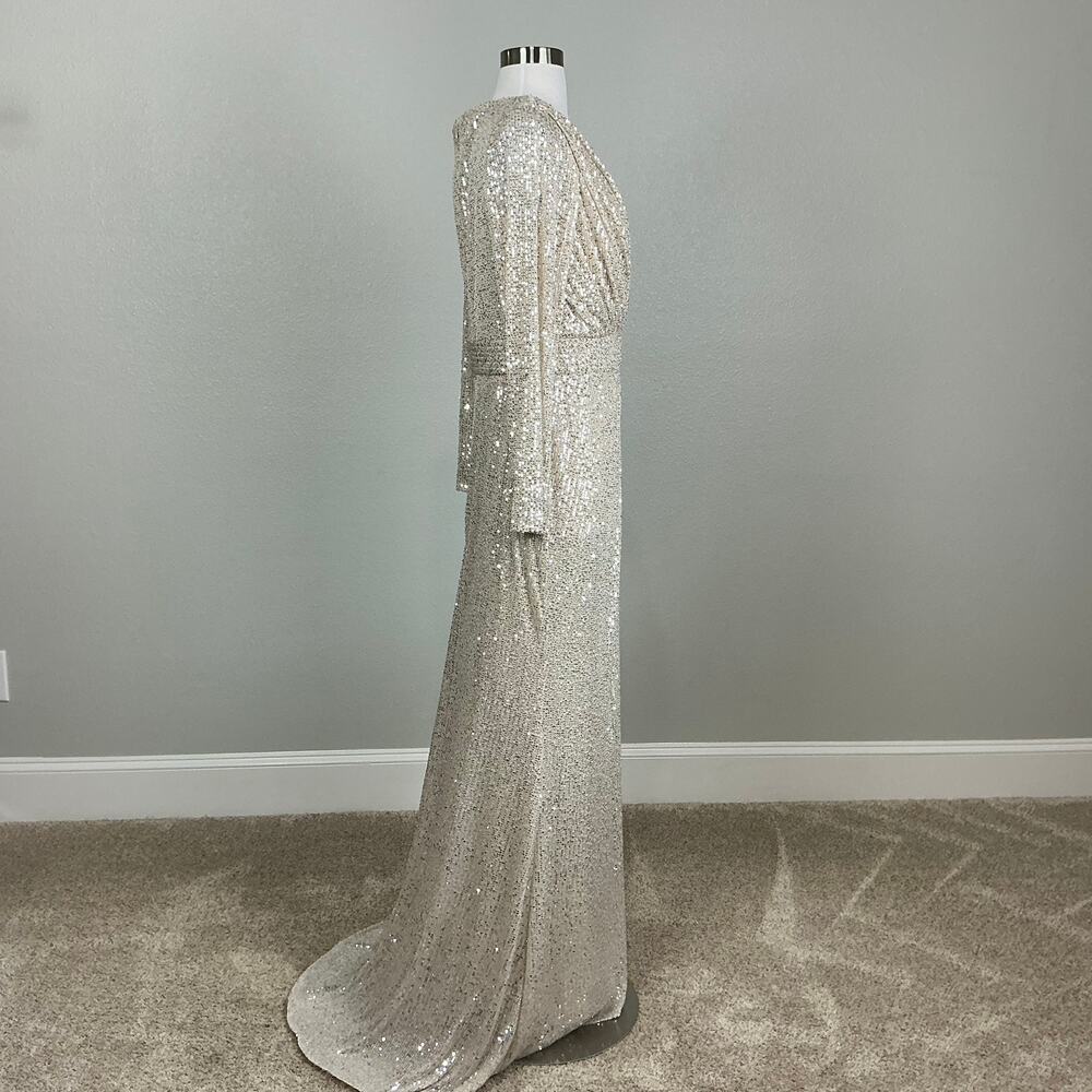 Mac Duggal 26490 Champagne Silver Evening Gown Sequined Long Sleeve Dress Size 6 - Picture 4 of 11